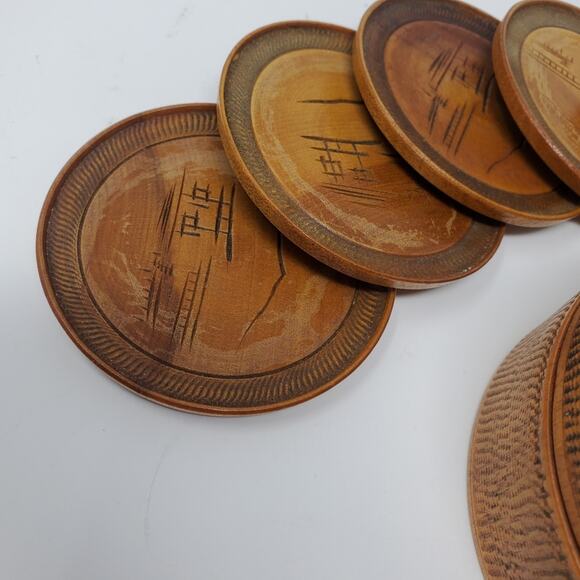 Vintage Hand Carved Miyajima Satsuma Japan Round  Tea Coasters  Set of 6 - Picture 7 of 8